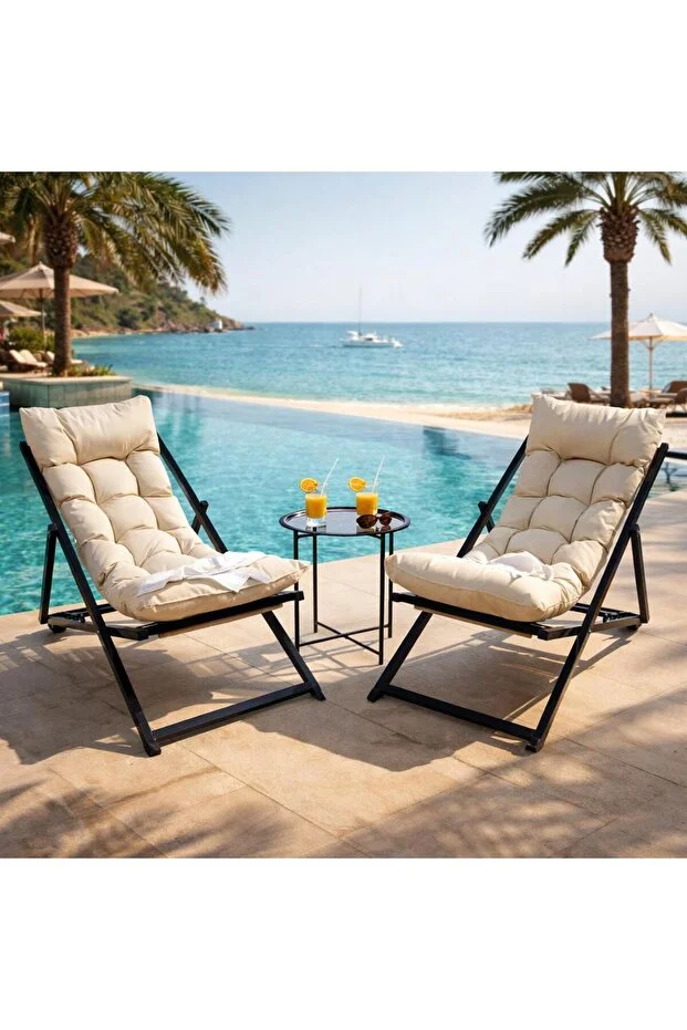 Minderli - Zetas Şezlong Seti Bahçe&balkon&teras&plaj Katlanır Ikili Set - 2 Şezlong 1 Sehpa